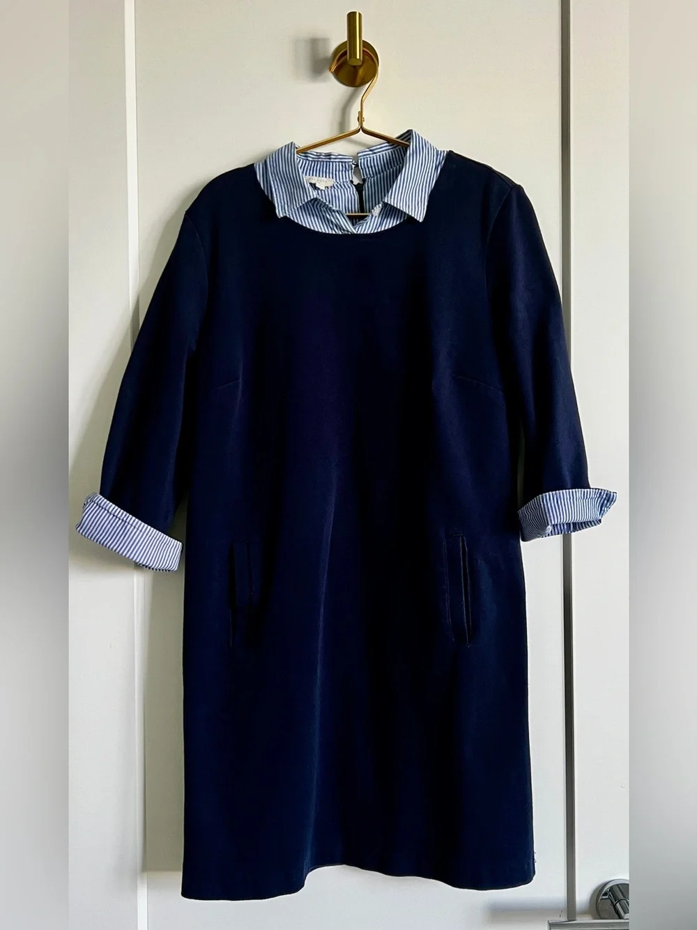 Talbots Navy Blue Cotton Dress Striped Collar Coastal Preppy Pockets Size Medium - Picture 5 of 16